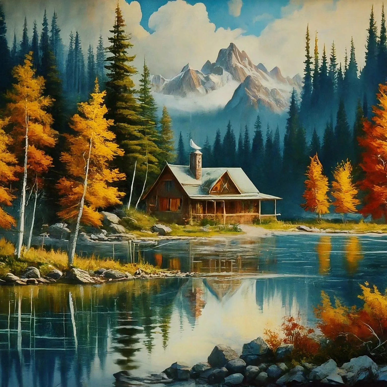 Painting of a cabin on a mountain lake with autumn trees